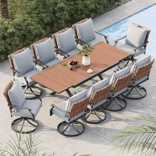 Miniatura 24 de Grand patio Juego de comedor de exterior de 5 piezas, 4 sillas de patio giratorias de mimbre con aspecto de cuero y 1 mesa de comedor cuadrada