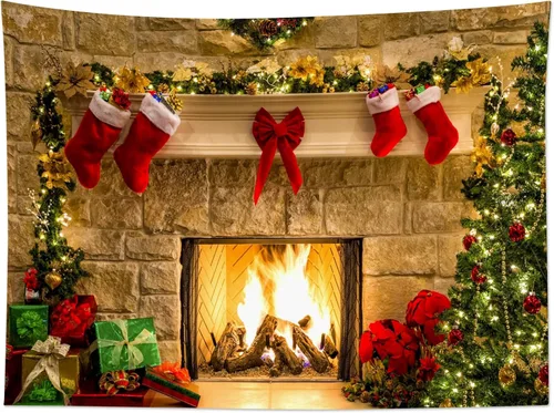 Miniatura 5 de HVEST Tapiz de Navidad para dormitorio, árbol de Navidad y calcetín de Navidad, chimenea, decoración de pared, tapiz grande para colgar en la pared