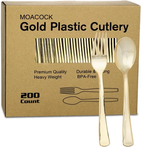 Miniatura 11 de MOACOCK 200 piezas de cubiertos de plástico negro plateado, tenedores y cucharas de plástico de peso pesado, juego de utensilios desechables