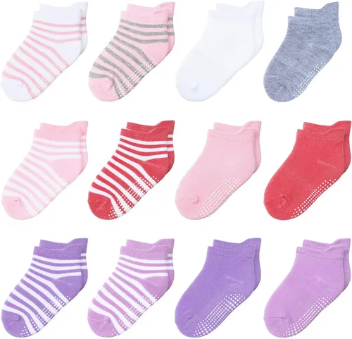 Miniatura 17 de 12 paquetes de calcetines antideslizantes para niños y bebés con agarres, 1-7 años, calcetines de algodón para tobillo para niños y niñas