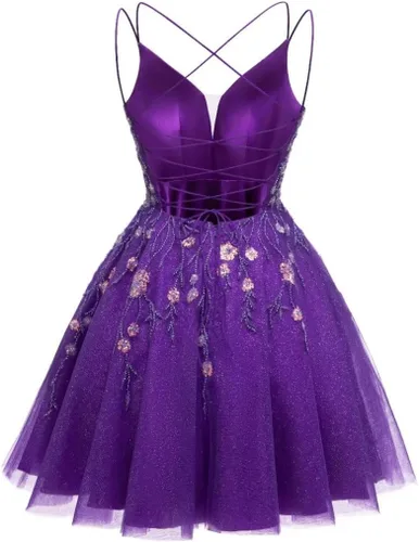 Miniatura 2 de Vestidos de tul con apliques de encaje, vestido corto de lentejuelas brillantes, tirantes delgados, cuello en V, vestidos de cóctel