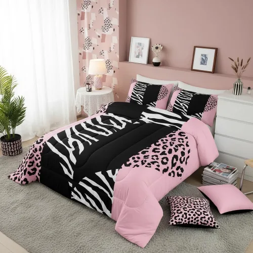 Miniatura 4 de Castle Fairy Juego de edredón con estampado de leopardo rosa y negro, juego de colcha de retazos de piel de cebra, tamaño King, para niños, niñas