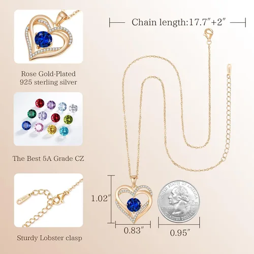 Miniatura 43 de LOUISA SECRET Love Heart Birthstone Necklaces for Women, Birthday Gift for Women, Anniversary Jewelry for Wife Her, 925 Sterling Silver Pendant