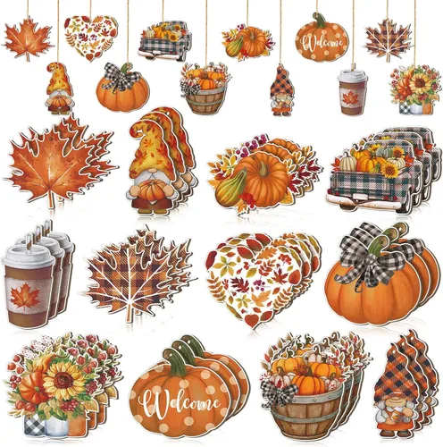 Miniatura 10 de FairySandy 36 piezas de decoración y adornos de árbol de otoño, gnomos de Acción de Gracias, adornos colgantes de madera, calabazas, hojas, flores
