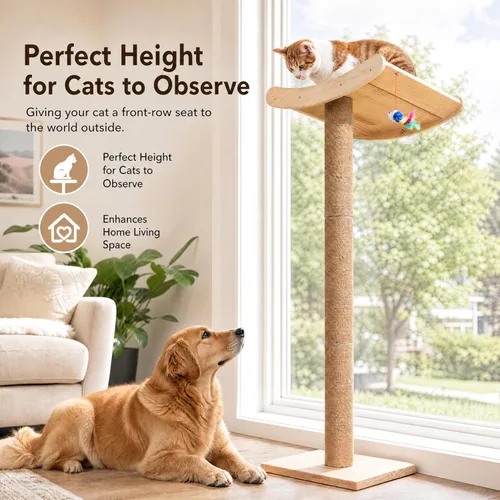 Miniatura 5 de Percha para gatos de ventana con postes rascadores, cama de árbol de madera de 46 pulgadas para gatos grandes Maine Coon para posarse y descansar