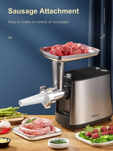 Miniatura 5 de Yabano Picadora de carne eléctrica de alta resistencia de 3000 W con máquina de relleno de salchichas y kit de Kubbe, 2 placas de molienda de acero