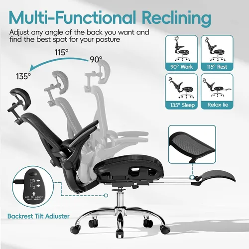 Miniatura 3 de Alllion Silla de oficina ergonómica de malla, silla de escritorio para el hogar cómoda con respaldo alto, soporte lumbar ajustable, reposacabezas