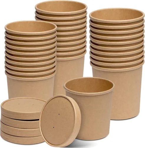 GUSTO [16 onzas – 25 recipientes de papel kraft para alimentos con tapas ventiladas – Tazones de sopa calientes para llevar, tazas de helado