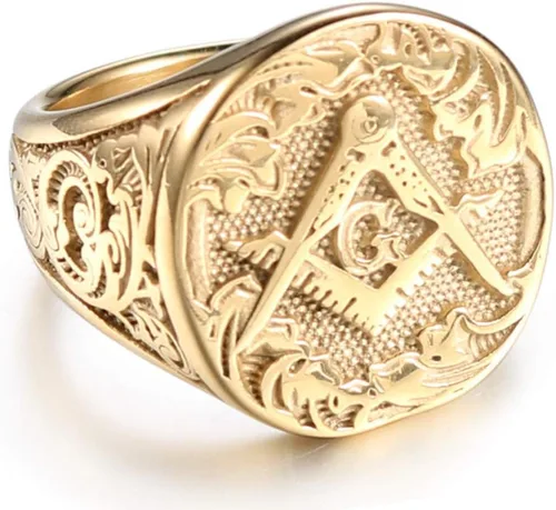 Miniatura 3 de IFUAQZ Anillos de acero inoxidable bañados en oro masónico masón para hombre, joyería clásica de Master Mason, Metal, Sin piedras preciosas