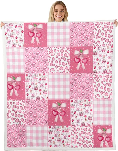 Miniatura 35 de Manta de franela con lazo rosa, manta de vellón con lazo en acuarela para decoración del hogar, sofá, sofá, manta de forro polar kawaii de dibujos
