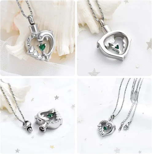 Miniatura 3 de Yinplsmemory Collar de urna de corazón de delfín para cenizas para mujer, colgante de urna de corazón de cristal, collar de recuerdo de cenizas