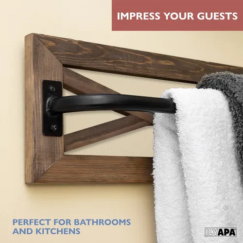 Miniatura 4 de Ilyapa Juego de soporte de papel higiénico rústico con toallero para baño, estantes de pared - Barra de madera de granero y metal negro, decoración