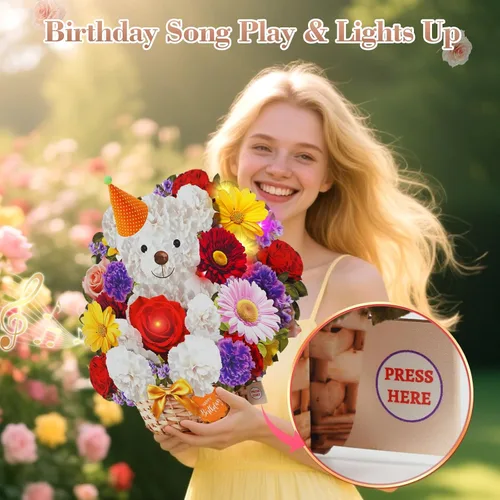 Miniatura 2 de MZD8391 Tarjetas de cumpleaños con música y luces, tarjeta de feliz cumpleaños, oso y margarita, ramo de flores de tamaño natural de 10 pulgadas