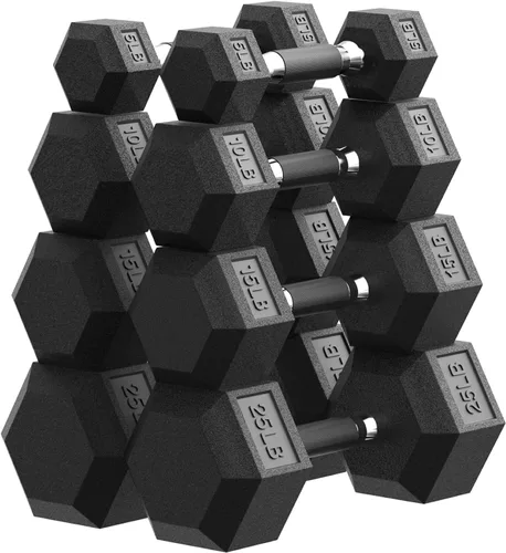 Miniatura 13 de PAPABABE Juego de mancuernas hexagonales de 45 a 550 libras, mancuernas de gimnasio en casa con revestimiento de goma, mancuernas para mujeres