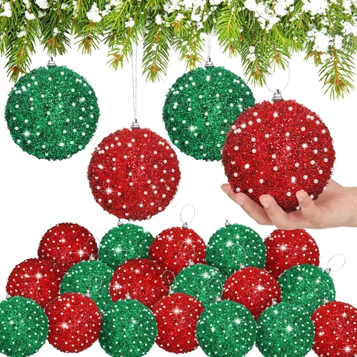 Miniatura 23 de Lyrow 24 piezas 3.15" Juego de adornos de bola de Navidad con purpurina, bola de espuma con lentejuelas colgante, decorativa, en masa, para árbol