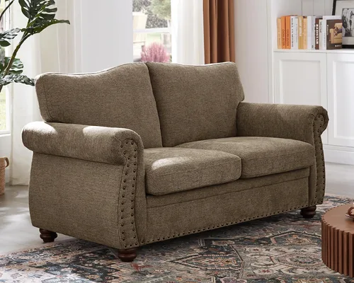 Miniatura 9 de ONBRILL Sofá Nailhead, sofá pequeño de 66 pulgadas con brazos enrollados, sofá biplaza de tela de felpilla con cojín de asiento con resortes, Verde