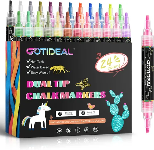 GOTIDEAL Marcadores de tiza de doble punta, marcador de tiza líquida borrable para pizarra, bolígrafos de tiza lavables para automóvil, vidrio,