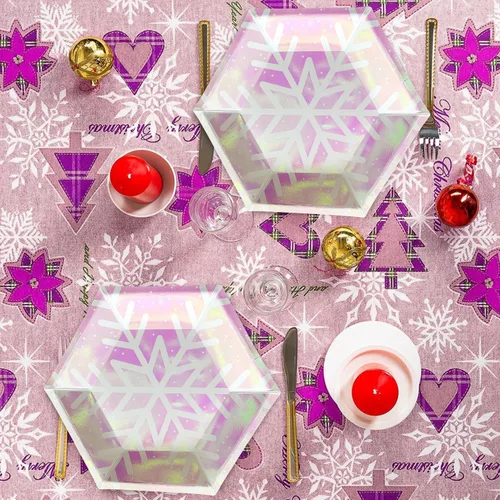 Miniatura 3 de Platos de Navidad con copos de nieve, platos desechables de papel rosa iridiscente con purpurina hexagonal temática de nieve, suministros de fiesta