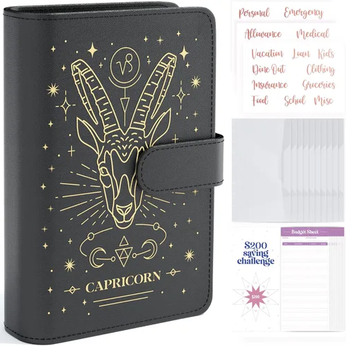 Miniatura 7 de SOUL MAMA Carpeta de presupuesto del zodíaco con sobres de efectivo para presupuestos – Carpeta A6 negra Acuario, organizador de dinero para carpeta