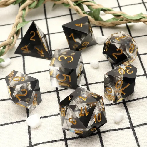 Miniatura 8 de Haxtec Juego de Dados de Borde Afilado DND Juego de Dados con Estuche de Dados Hecho a Mano de Resina con Remolinos Negros Juego de Dados D&D