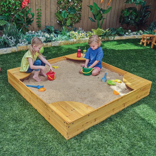 Miniatura 2 de KidKraft Caja de arena de madera para patio trasero con asiento de esquina integrado y cubierta de malla, muebles de exterior para niños, miel
