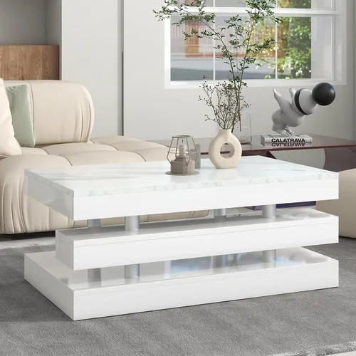 Miniatura 11 de LUMISOL Mesa auxiliar rectangular de 2 niveles con vidrio templado, moderna mesa de cóctel con superficie UV de alto brillo, mesa central de diseño