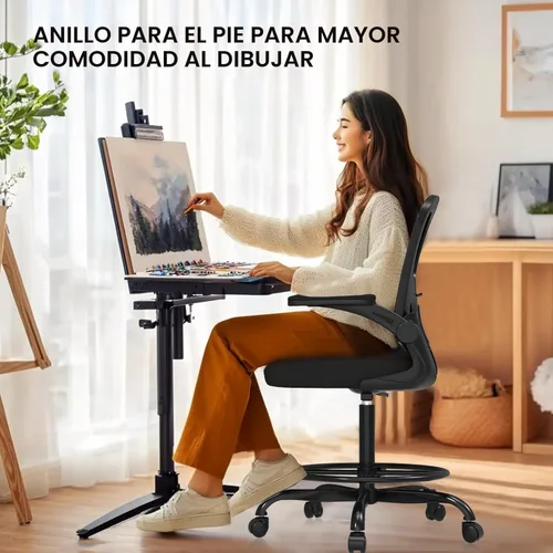 Miniatura 5 de Silla de Dibujo Ergonómica, Silla de Oficina Alta con Reposabrazos Abatibles, Silla de Escritorio Alta de Malla Transpirable con Soporte Lumbar