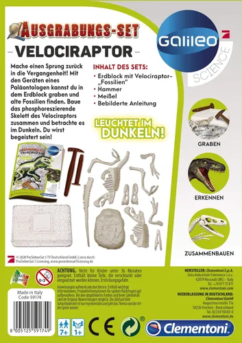 Miniatura 4 de CLEMENTONI 59174 Galileo Science Excavation Kit Velociraptor Juguete para niños mayores de 7 años cavando fósiles de dinosaurios con martillo