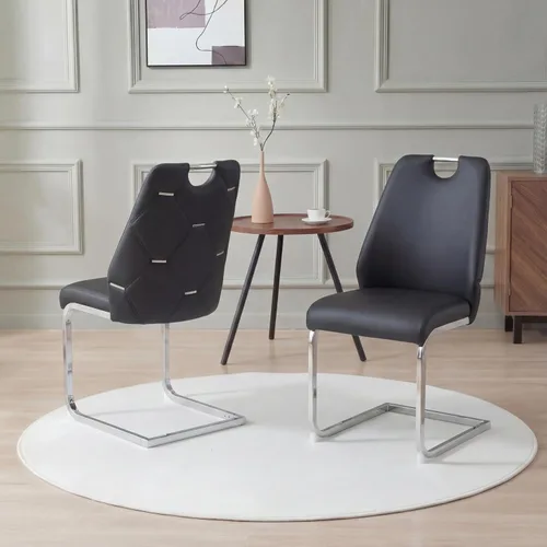 Juego de 2 sillas de comedor negras, Silla de Comedor, juego de 2 sillas de comedor modernas con cuero, respaldo geométrico copetudo, patas