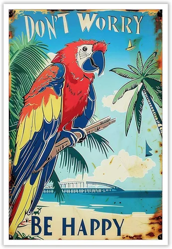 Miniatura 15 de Póster de decoración de bar Tiki con texto en inglés "Don't Worry, Be Happy Parroth", póster hawaiano para decoración del hogar, adecuado para Multi