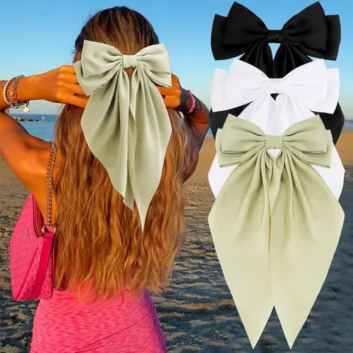 Miniatura 12 de Velscrun Lazos para el cabello para mujeres y niñas, 3 unidades, lazo blanco, lazo negro, azul marino, lazos grandes para el cabello con clip, lazos