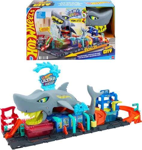 Hot Wheels Juego de pistas de ciudad, lavado de autos Ultra Shark con vehículo de juguete de revelación de color a escala 1:64, función de cambio de