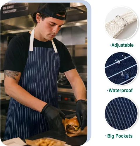 Miniatura 4 de Adjustable Bib Apron for Women Men, 80% Cotton Striped Cooking Apron with Large Pocket, Water Repellent