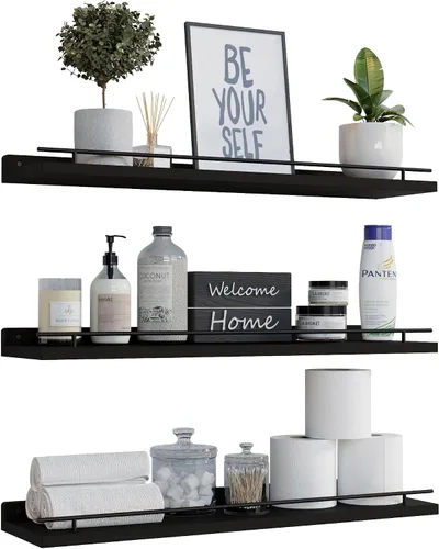 Miniatura 10 de WOPITUES Estantes flotantes con barandilla de metal negro, estantes para decoración de pared, juego de 3, estantes de pared para dormitorio, baño