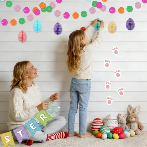 Miniatura 6 de AhfuLife Juego de decoraciones de Pascua, pancarta de papel de conejo de Pascua, pistas de búsqueda de huevos de Pascua con palos y patas de conejo