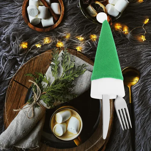 Miniatura 9 de Angoily 10 piezas de mini sombreros de Papá Noel de Navidad, soportes para cubiertos con bolsillos, tapas de botellas de vino, tapas de piruleta