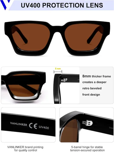 Miniatura 18 de VANLINKER Gafas de sol cuadradas gruesas para hombres y mujeres, retro, rectangulares, con protección UV400, VL9731
