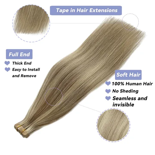 Miniatura 2 de Extensiones de cabello humano rubio con cinta, reflejos rubio ceniza y rubio platino, extensiones de cabello rubio platinado, cinta adhesiva