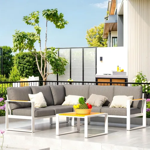 Miniatura 9 de Juego de muebles de aluminio para patio, sofá modular para todo tipo de clima, juegos de conversación de patio en forma de L, sofá esquinero