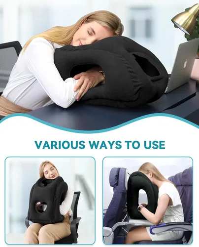 Miniatura 4 de almohada de viaje inflable, almohada para el cuello de avión que apoya cómodamente la cabeza y la barbilla para aviones, trenes, autos, siestas