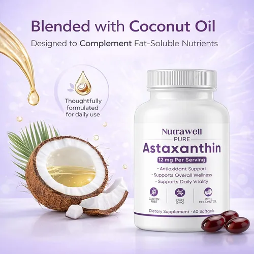 Miniatura 3 de NutraWell Astaxantina 12 mg, con aceite de coco, suplemento de apoyo antioxidante, sin OMG, sin gluten, 60 cápsulas blandas