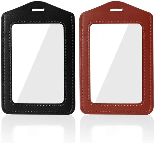 Larpur Paquete de 2 portatarjetas de identificación de cuero auténtico, soportes verticales para tarjetas de identificación con ventana de 2 lados