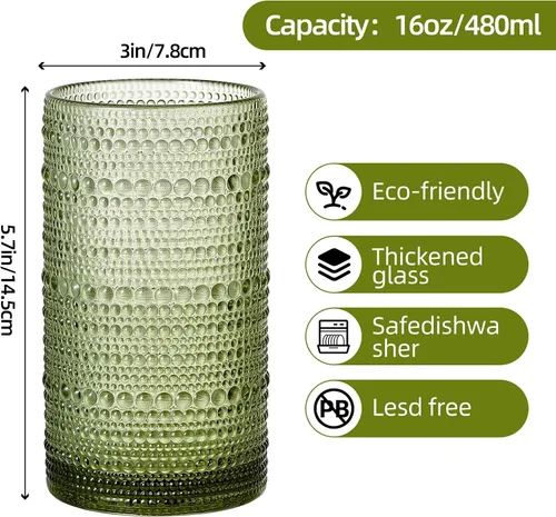 Miniatura 2 de Juego de 12 vasos para beber Hobnail de 16 onzas, vasos verdes en relieve vintage de gran capacidad, vasos altos para agua, cóctel, cerveza, whisky