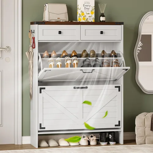 Miniatura 10 de BORNOON Gabinete de Almacenamiento de Zapatos para Entrada, Gabinete Estrecho de Zapatos Estilo Granja con 2 Cajones Abatibles y Cajones Superiores