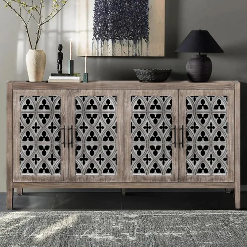 Miniatura 12 de Aparador de buffet Credenzas para sala de estar, mesa de entrada de 60 pulgadas con gabinete de almacenamiento, puertas huecas talladas, negro Azul