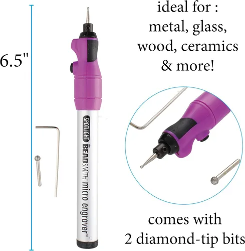 Miniatura 4 de The Beadsmith Juego de grabador – Micro grabador a batería con foco y 2 puntas redondas de diamante – 10 puntas de diamante – Ideal para grabar