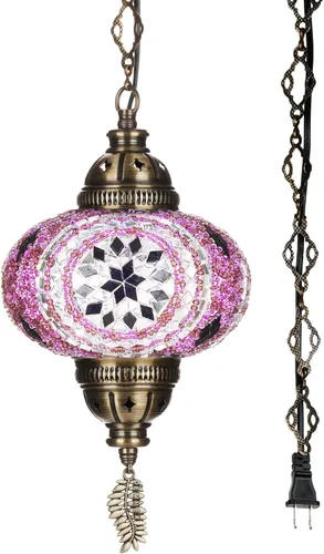 Miniatura 12 de DEMMEX Lámpara Colgante de Techo Enchufable de Mosaico Turco Marroquí – Luminaria Tipo Swag con Cable de 15 pies y Cadena, Vidrio Artesanal