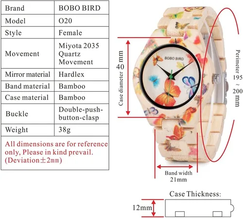 Miniatura 2 de BOBO BIRD Reloj de bambú para mujer, diseño de mariposa, hecho a mano, hecho a mano