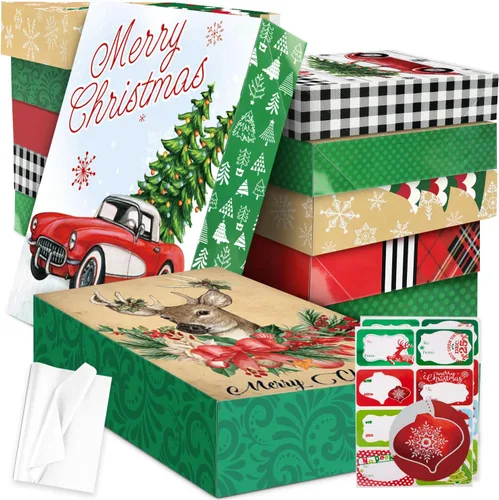 12 cajas de envoltorio de regalo de Navidad extra grandes a granel con tapas, 12 papeles de seda y 80 etiquetas de regalo de Navidad de aluminio Reno