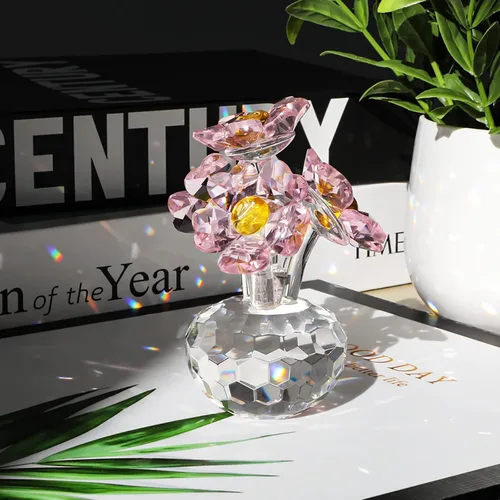 Miniatura 3 de Figura de flor rosa de cristal hecha a mano con jarrón redondo, regalos románticos de flores para mujeres en el día de San Valentín, día